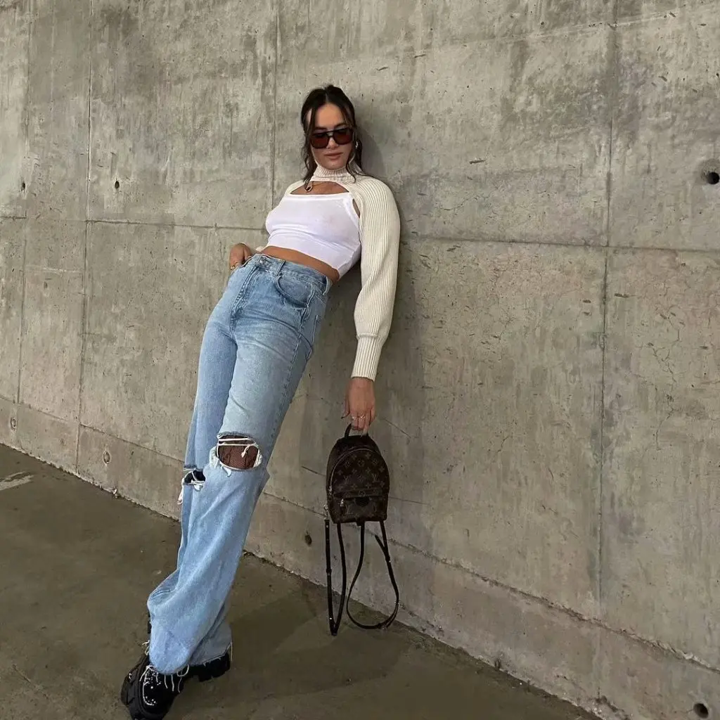 Women's High Waist Double Knee Ripped Denim Pants Raw Edge Spring Style Loose Straight Draped European American Street Fashion