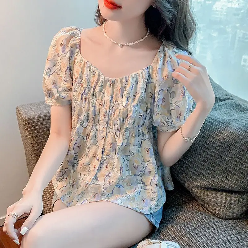 Women Ruffled Floral Print Square Collar Kawaii Sweet Blouse Summer Trendy Short Sleeve Slim Casual Shirt Korean Style Chic Tops