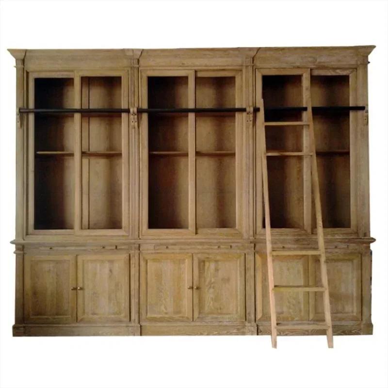American solid wood bookcase furniture oak retro old weathered bookcase bookshelf storage rack
