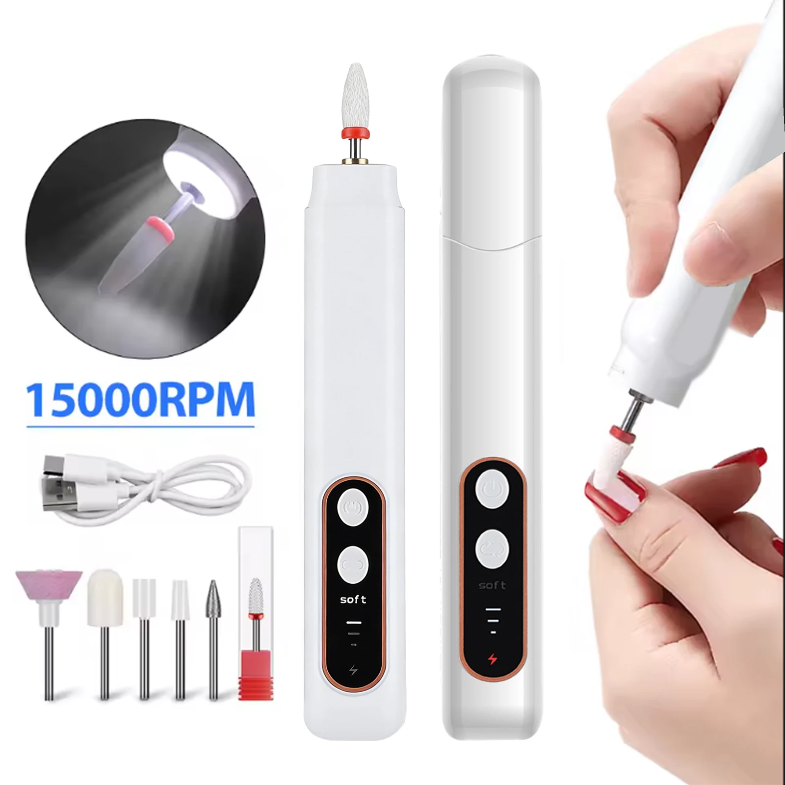6in1 Wireless Nail Drill 15000RPM with LED Light and Screen Manicure Cutter Nail Repair Pedicure Milling Cutter Polisher Sander