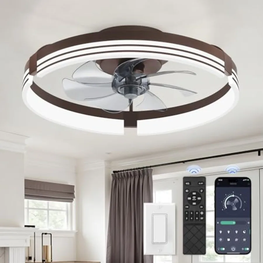 

Bedroom ceiling fan with flush mount installation, wood-look brown ABS plastic, 3000K-6000K dimmable LED light, 6-speed quiet m