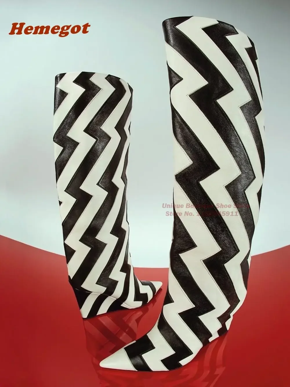 Zebra Pattern Pointy Toe Wedges Boots Slip On Knee High Boots for Women Winter 2024 Newest Luxury Casual Shoes Warm Softwear