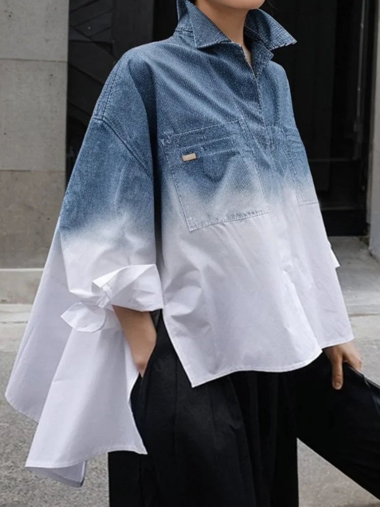 

Женская сине-белая рубашка омбре с асимметричным подолом, оверсайз, с длинным рукавом, весна-лето 2026, повседневная свободная блузка на пуговицах
