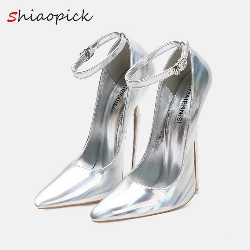 

Сексуальные женские туфли-лодочки на очень металлическом высоком каблуке 16 см, блестящие зеленые туфли-лодочки ярких цветов с ремешком на щиколотке, фетиш-модель, вечерние шоу, обувь унисекс