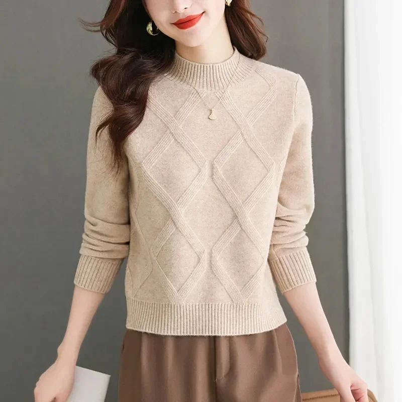 2024 Autumn Winter Pullover Half Turtleneck Knitted Sweater Women Vintage Long Sleeve Bottoming Female Pink Tops Jumper Pull