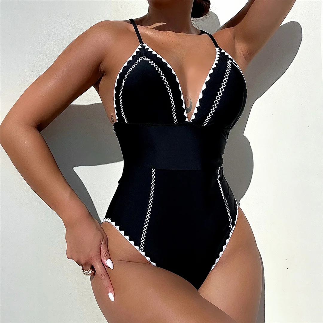Neuer, verführerischer Badeanzug für Damen mit V-Ausschnitt, offenem Rücken und Polsterung, einteiliger Badeanzug, hoch geschnittene Beine, Monokini, Badebekleidung, Modell V4968. – Detail 7