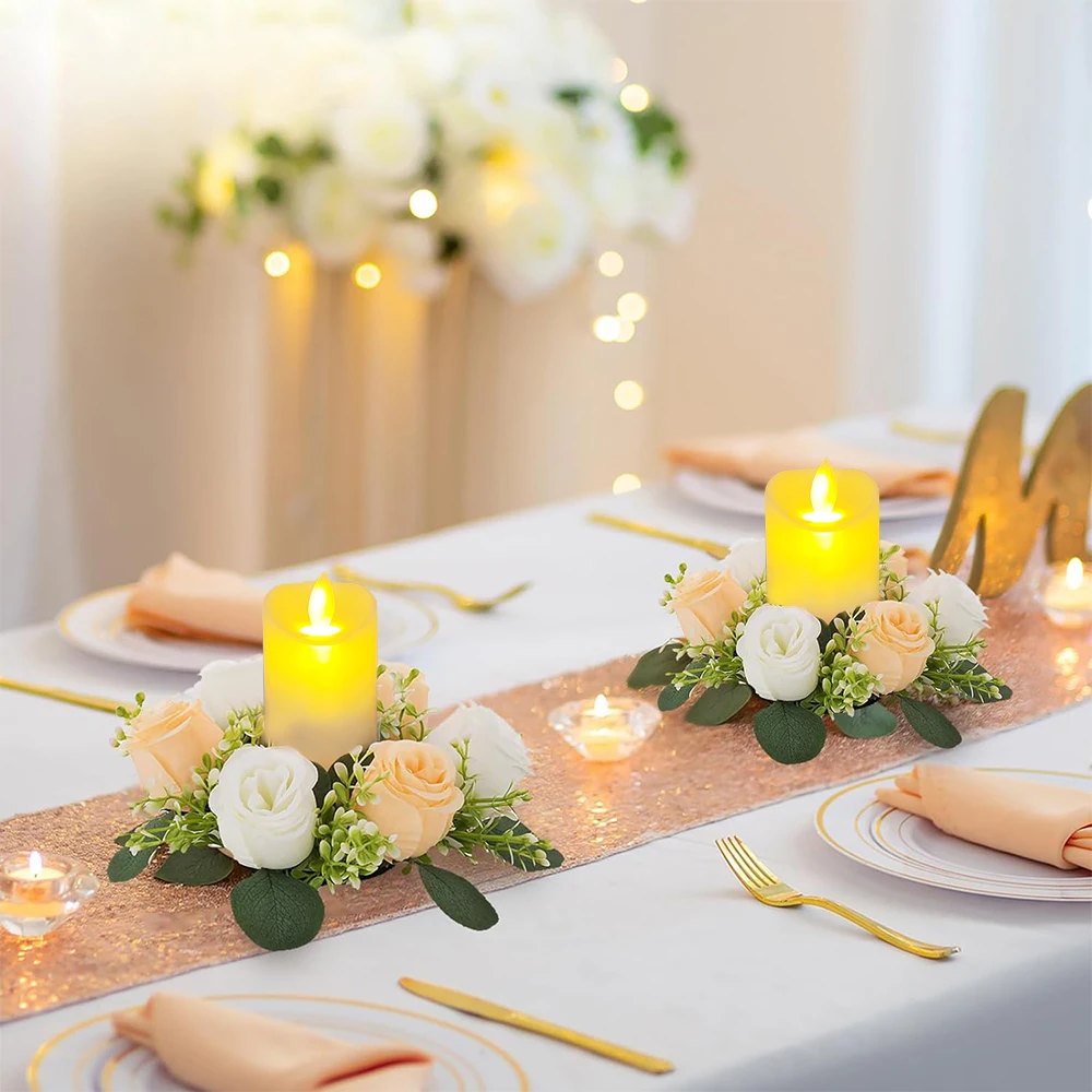 1 قطعة ضوء شمعة و 1 قطعة الشمعدان جارلاند ، شمعة إكليل شمعة حامل نبات اصطناعي إكليل الزهور الاصطناعية حلقة ديكور للطاولات