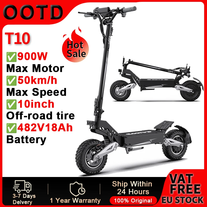 Scooter Eléctrico para Adultos OOTD 48V18Ah T10, Motor de 900W, Pantalla LED, Neumático Todoterreno de 11 Pulgadas, Plegable