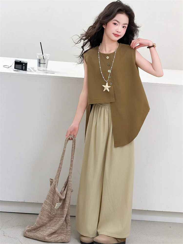 girls-summer-korean-style-sleeveless-wide-leg-pants-set-casual-two-piece-suit-for-big-kids-fashionable-child-clothing