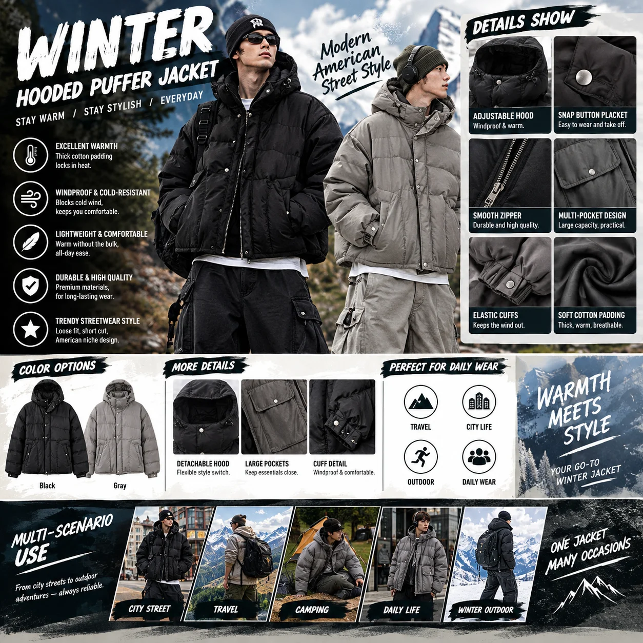 Men Winter Loose Short Hooded Cotton Padded Jacket American Street Niche Design Thick Warm Daily Casual Outerwear Coat
