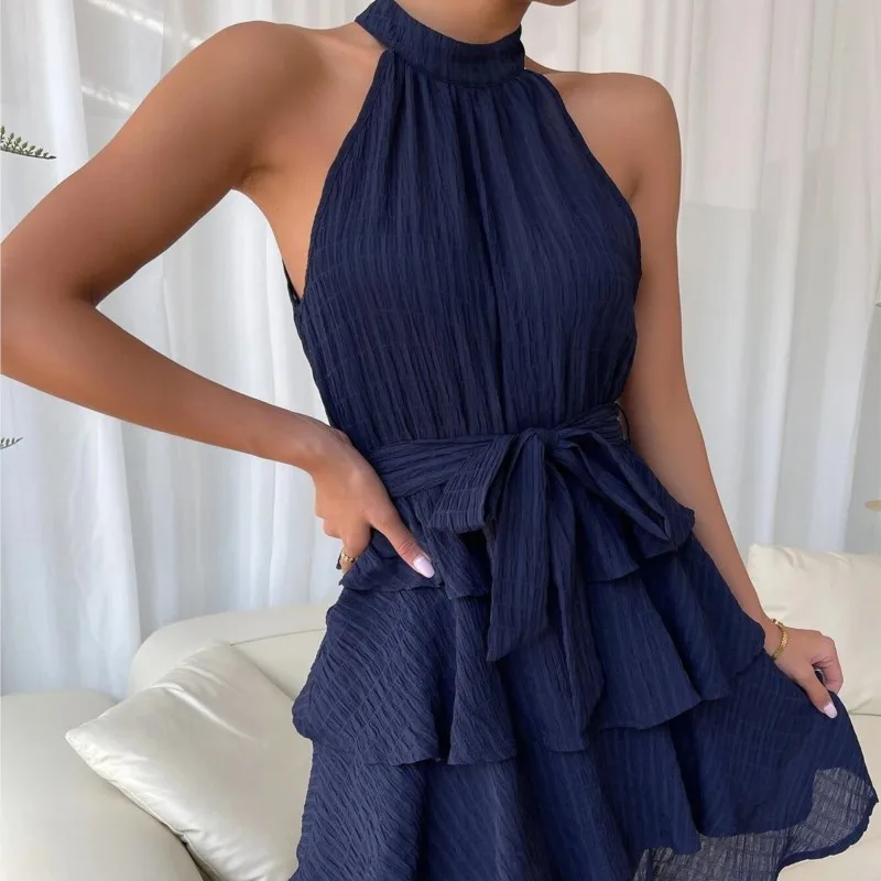 Elegant Women\'s Blue Neck Tied Mini Dress Vestidos Spring And Summer Fashion New Style Patchwork Sleeveless Ruffle Edge Dress