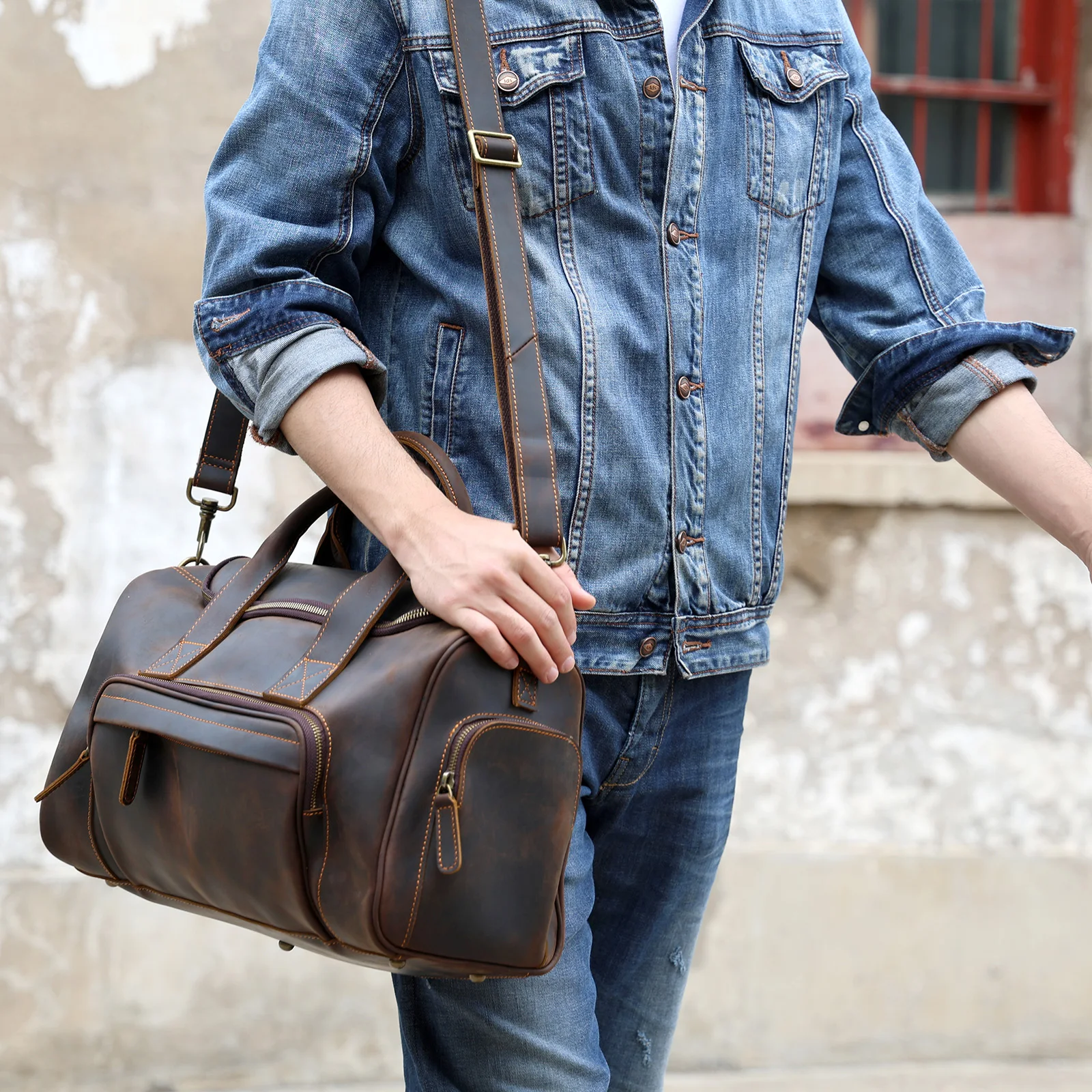 S.WORKER Vintage Echtleder-Reisetasche Crazy Horse Rindsleder-Reisetasche Herren-Weekender-Tasche Sporttasche Handgepäck – Detail 4