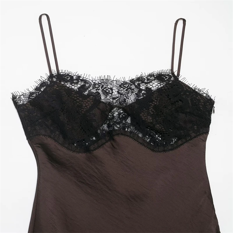 Asymmetric Hem Elegant Evening Party Dress Women's Brown Satin Slip Dress with Black Lace Trim Spaghetti Strap