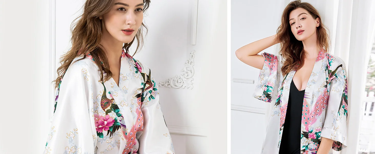 حجم كبير 3XL زهرة كيمونو البشكير ثوب المرأة رداء طويل ثوب النوم طباعة الطاووس الساتان ملابس خاصة فستان المنزل فضفاض المتسكعون