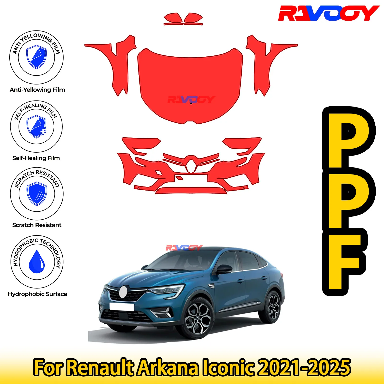 

Для Renault Arkana Iconic 2021-2025 глянцевая матовая черная предварительно вырезанная передняя защитная пленка PPF комплект