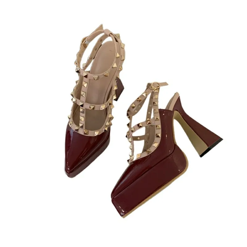 

Black Heels Women Pointed Toe Slingback Platform Shoes Summer White Bridal Shoes For Wedding Rivet Ladies Pumps