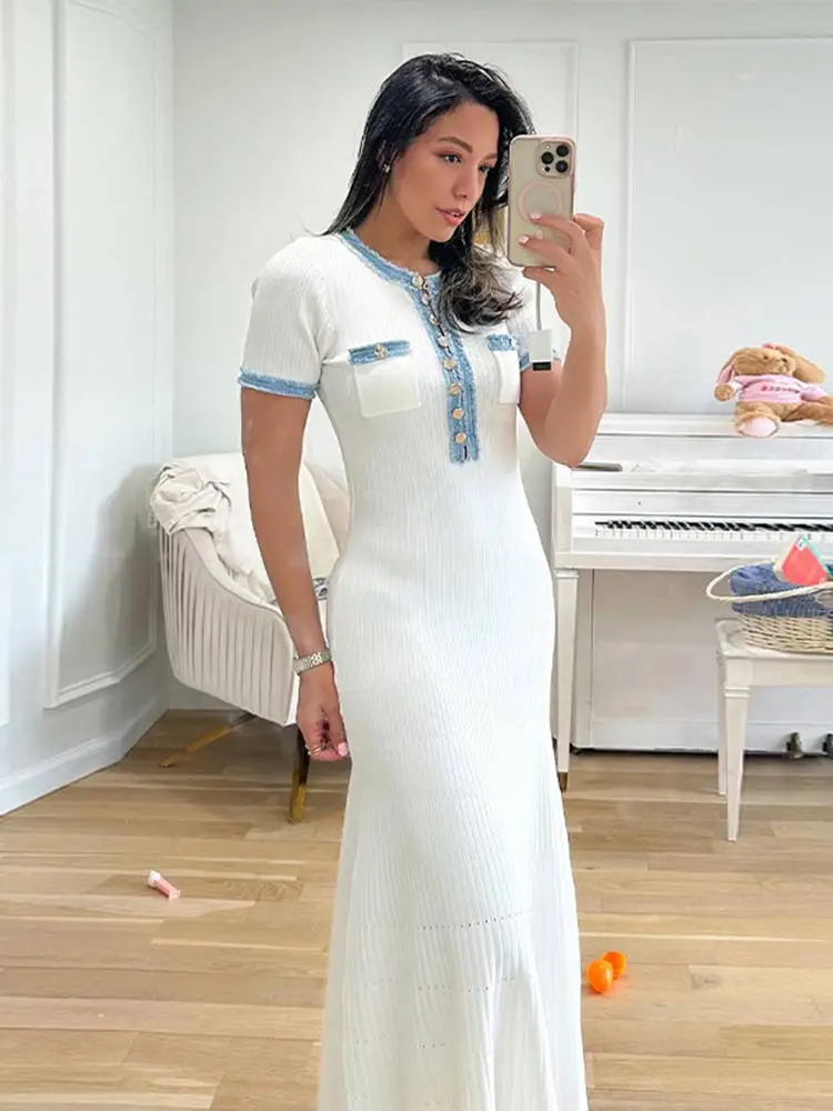 Elegant Contrast Single Breasted Knitted Slim Long Dresses Fashion O neck Pocket Pleated A Line Robes New Lady High Street Dress