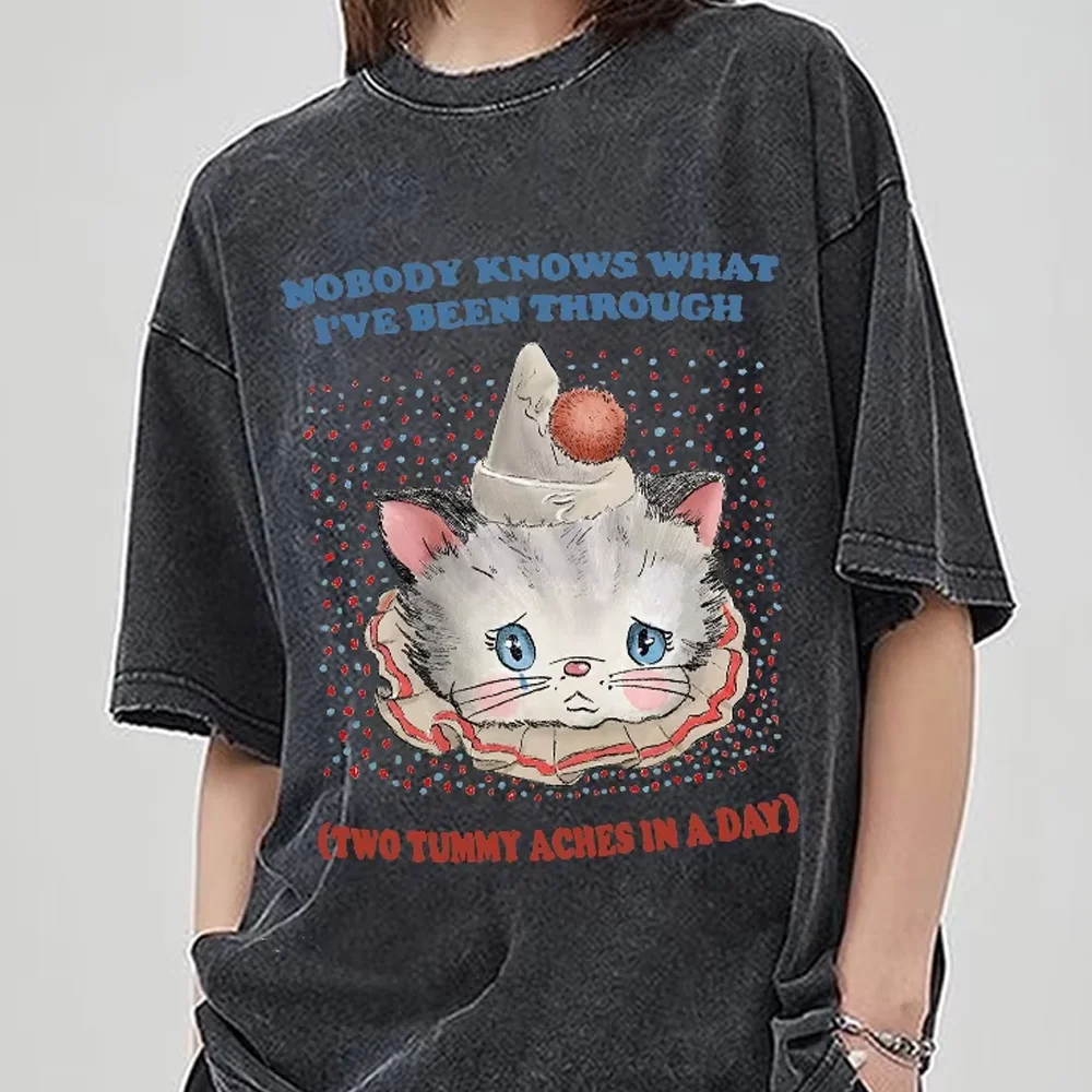 

Sweetheart Cute Cat Print Women T-Shirt Oversized Wash Couple Short Sleeve Y2k Student Affordable Casual Top High Quality Tees