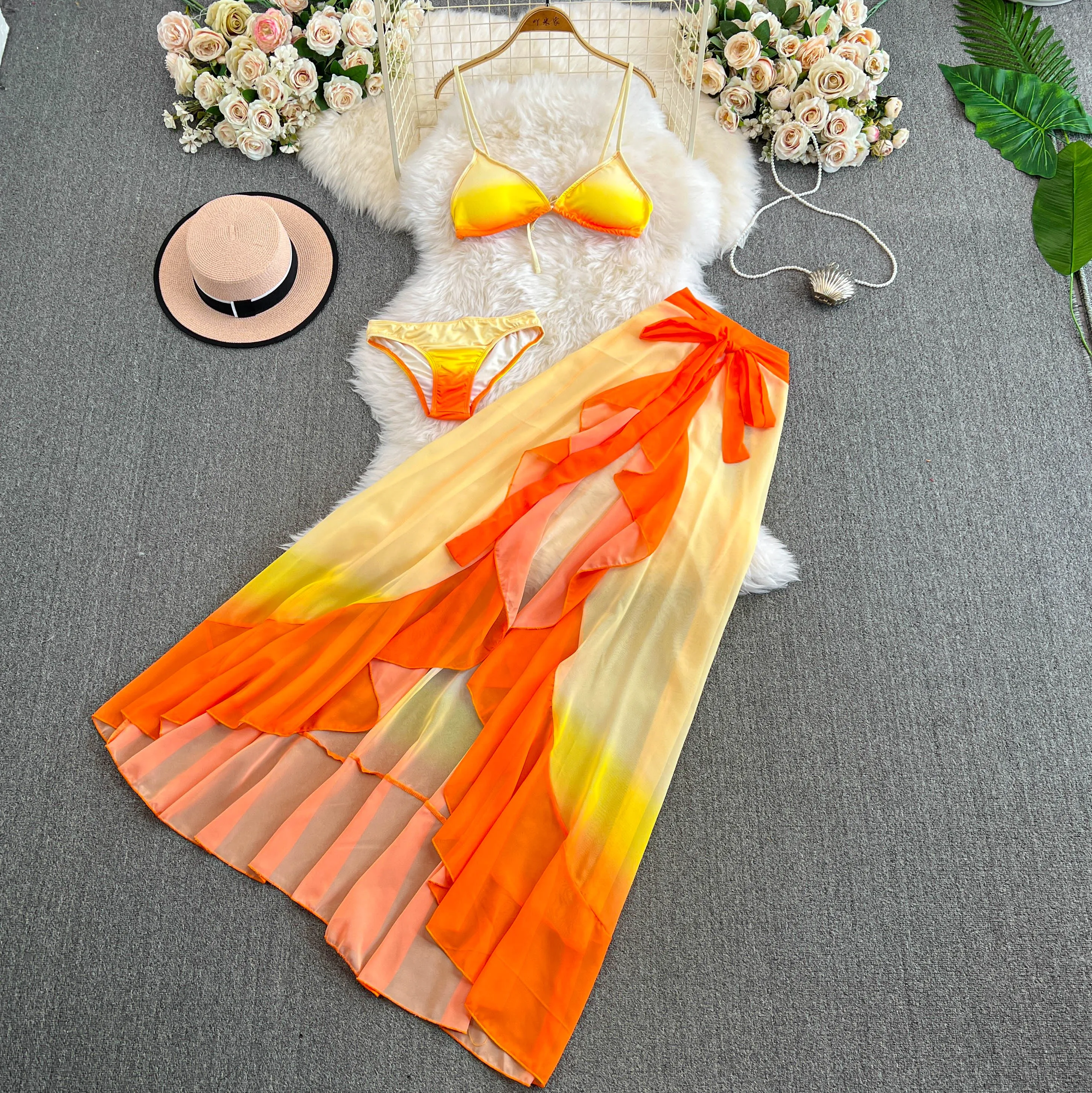 

Women Tropical Bikini Sunset Orange Color 3pcs Outfit Set Lady Sexy Bra Panty Skirt Suit Bohemian Beach Holiday Swim Pool Sets