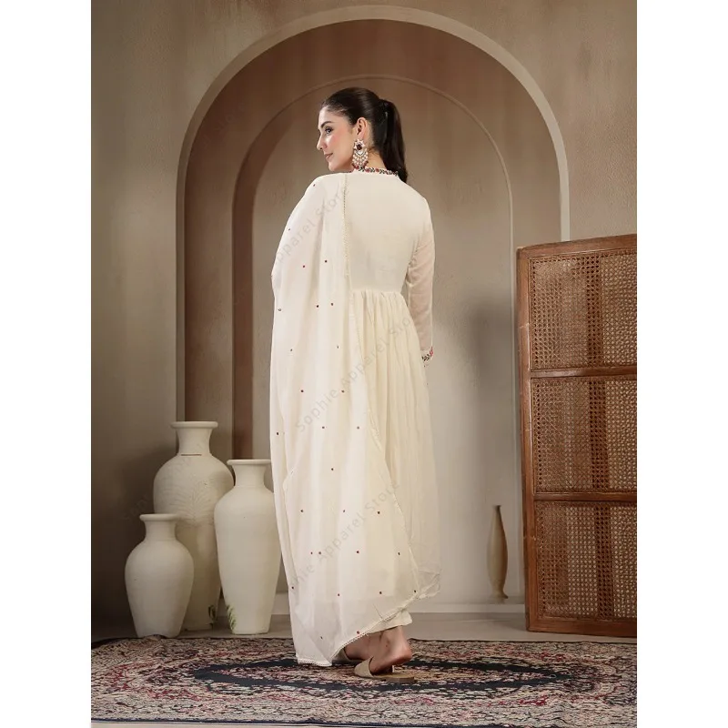 White Cotton Anarkali Kurti Set with Pant Dupatta Floral Embroidered Indian Ethnic Wear Elegant Summer Suit for Women - view 4
