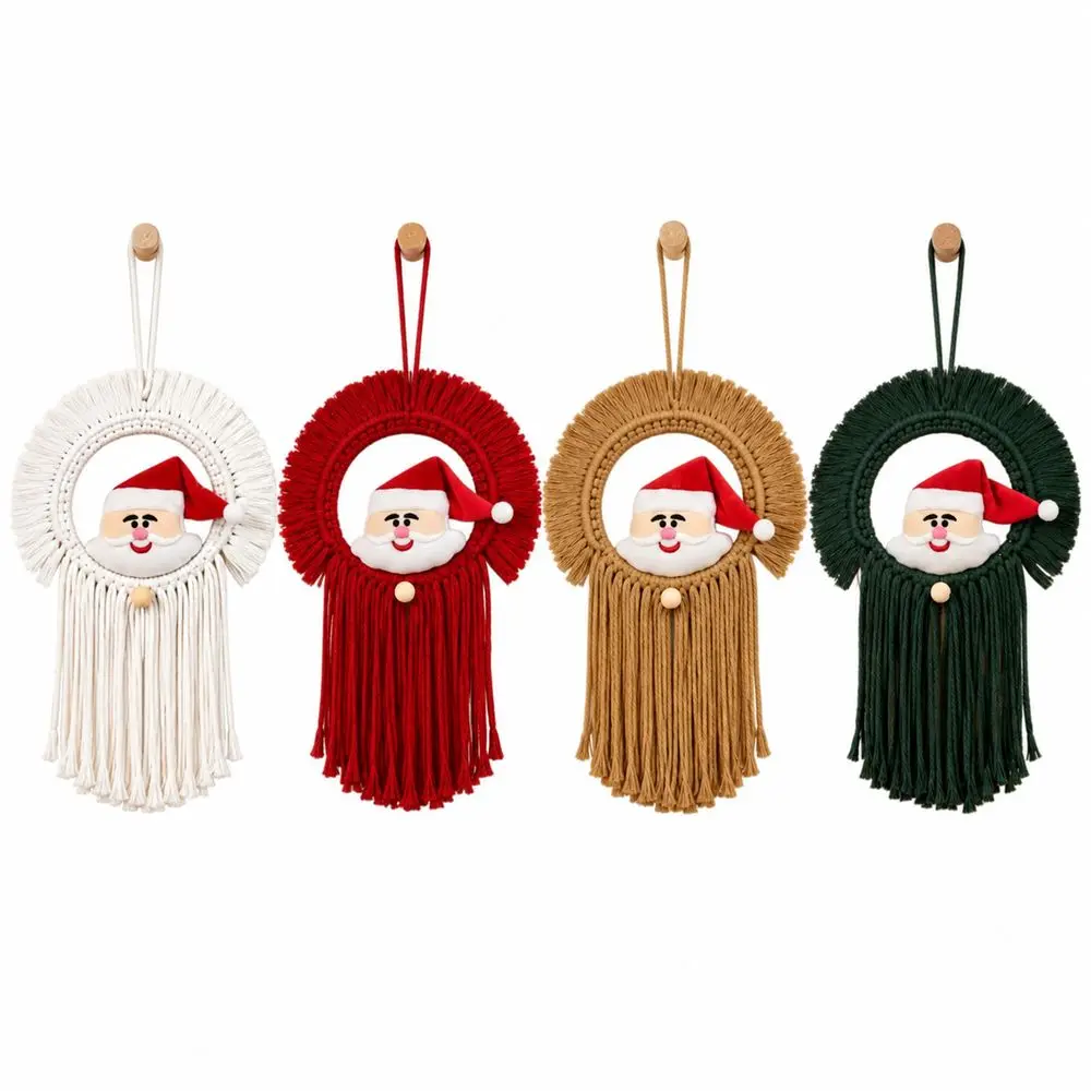 20x30cm Santa Claus Wall Hanging Round Shape Tassel Fringe Woven Wall Hanging Hanging Loop Handmade Woven