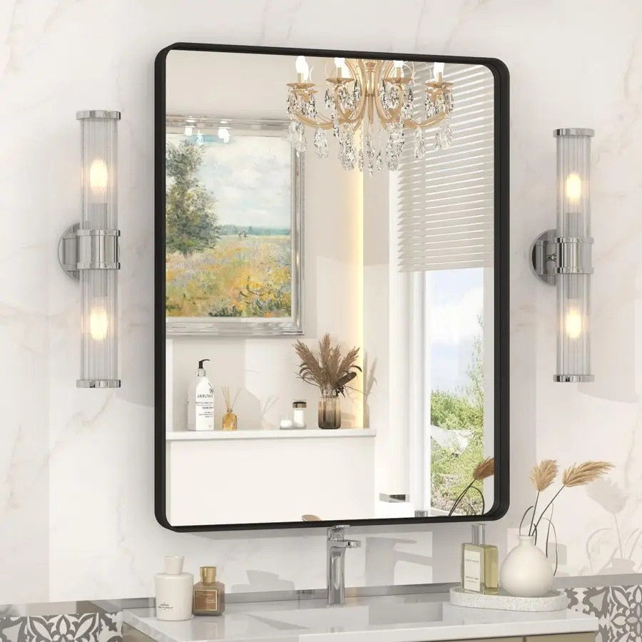 

Зеркало в черной металлической раме для ванной комнаты, матовое черное косметическое зеркало, зеркало для ванной комнаты прямоугольной формы с закругленными углами, антикоррозийное, ударопрочное.