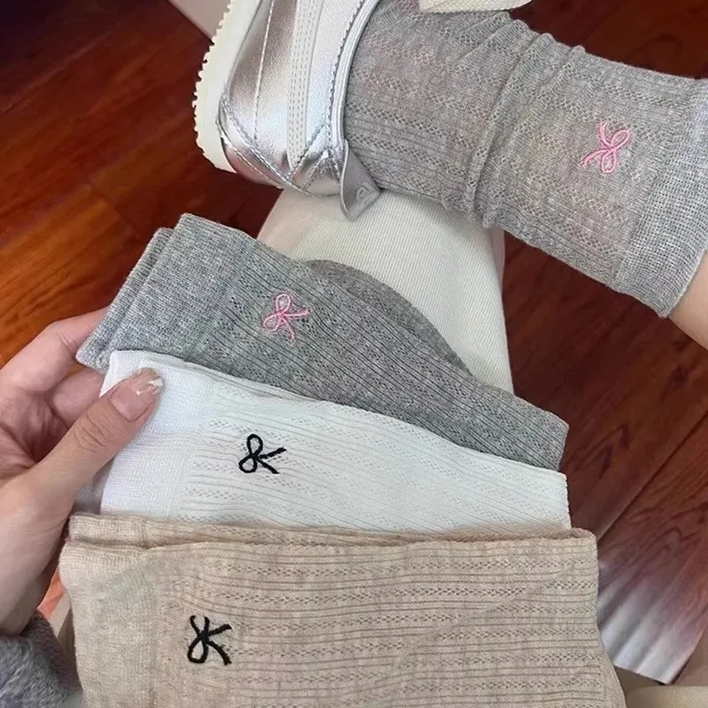 1-5Pairs Hollow Mesh Lace Bowknot Slouch Socks Breathable See Through Thin Mid Calf Korean Sweet Style for Jk Lolita Daily
