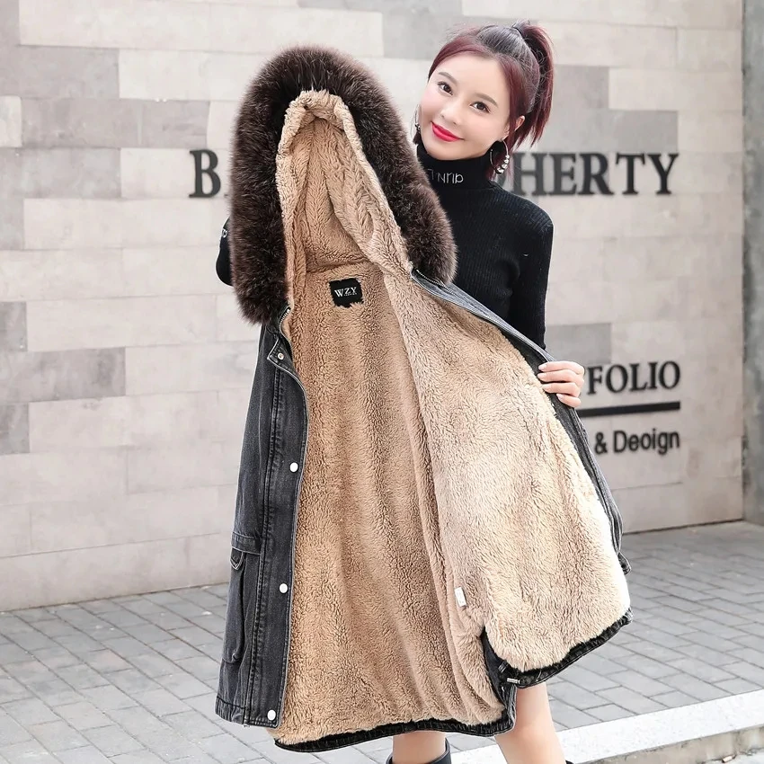 Women Winter Plus Velvet Denim Cotton Jacket 2024 New Winter Warm Thick Lamb Wool Coat Korean Loose Long Fur Collar Denim Jacket