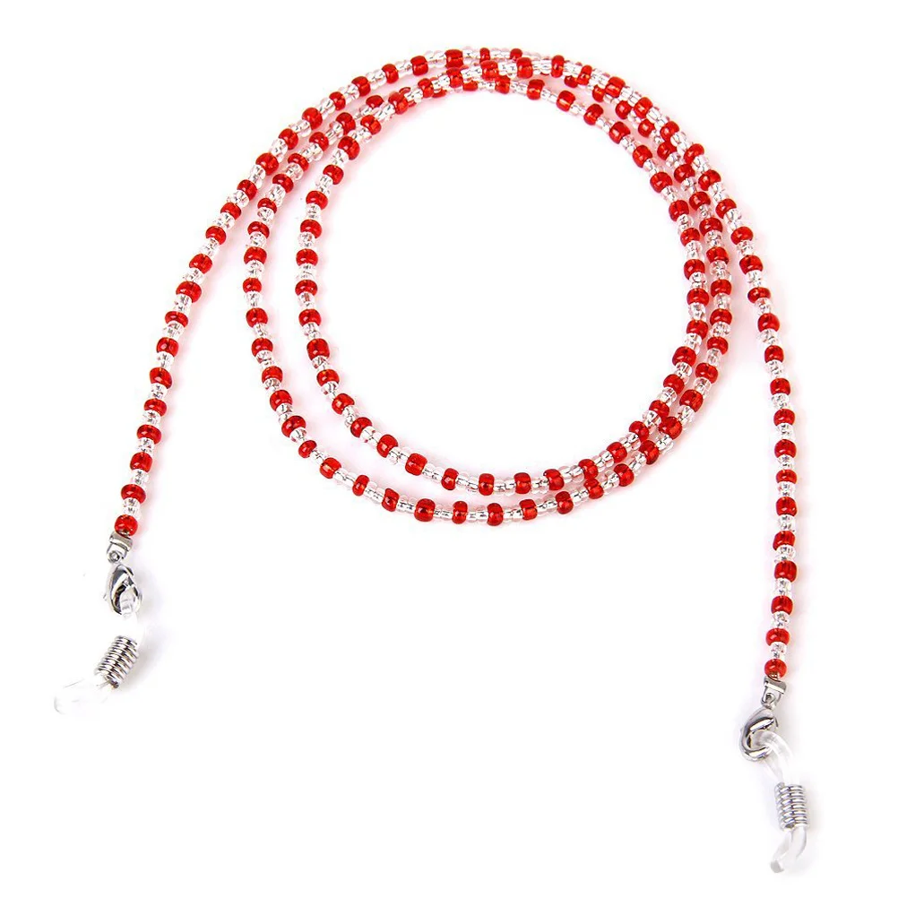 

60Cm Fashion Red Clear Crystal Beads Eyeglass Chain Holder Strong Steel Cable Adjustable Rubber Grips Eyeglass Chain