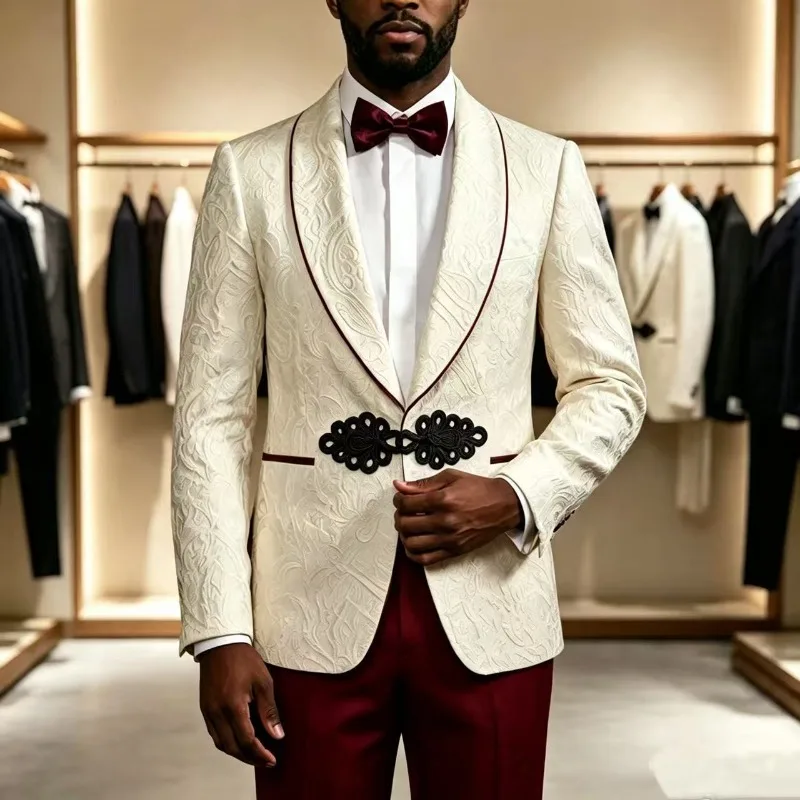Men Slim Fit Formal Suits 2 Pieces Suit and Separates Floral Pattern Wedding Tuxedo with Frogs Groom Wedding Party Matching Suit