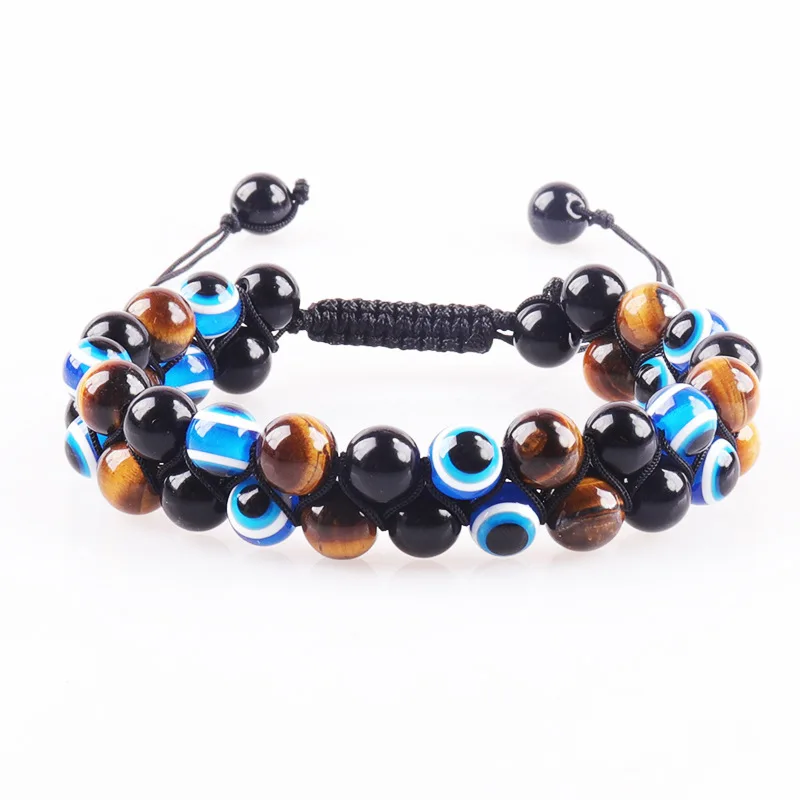 Evil Eye Design Tiger Eye Stone Bracelet Obsidian Black Agate Magnet Double Layer Weaving Double Row Devil Eye Bracelet