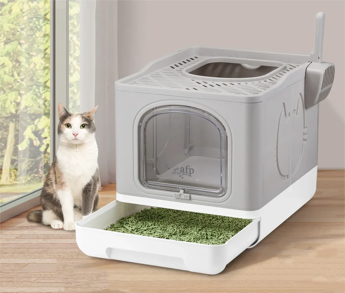 

STLFAFP Large Space Enclosed Cat LittersBox Enclosure Top Front Entry Cat Toilet Foldable Collapsible Grey Cat Sand Tray With Sc