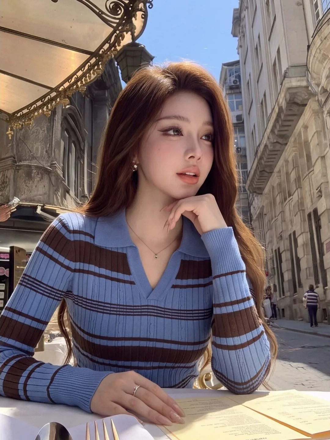 Blue Striped Long Sleeve Knitted Shirt Women's Base Layer Design Sense Top Fall Fashion Small Size Inner Wear Korean Style