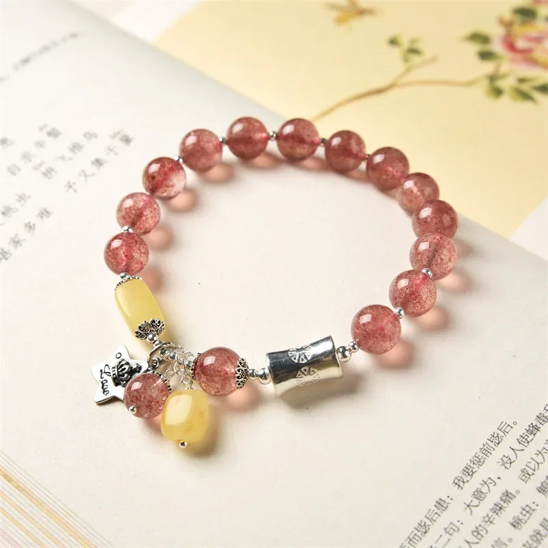 Natural Strawberry Quartz Beaded Bracelet Hand Jewelry Ethnic 925 Sterling Silver Star Beewax Charms Bracelets For Women SL072