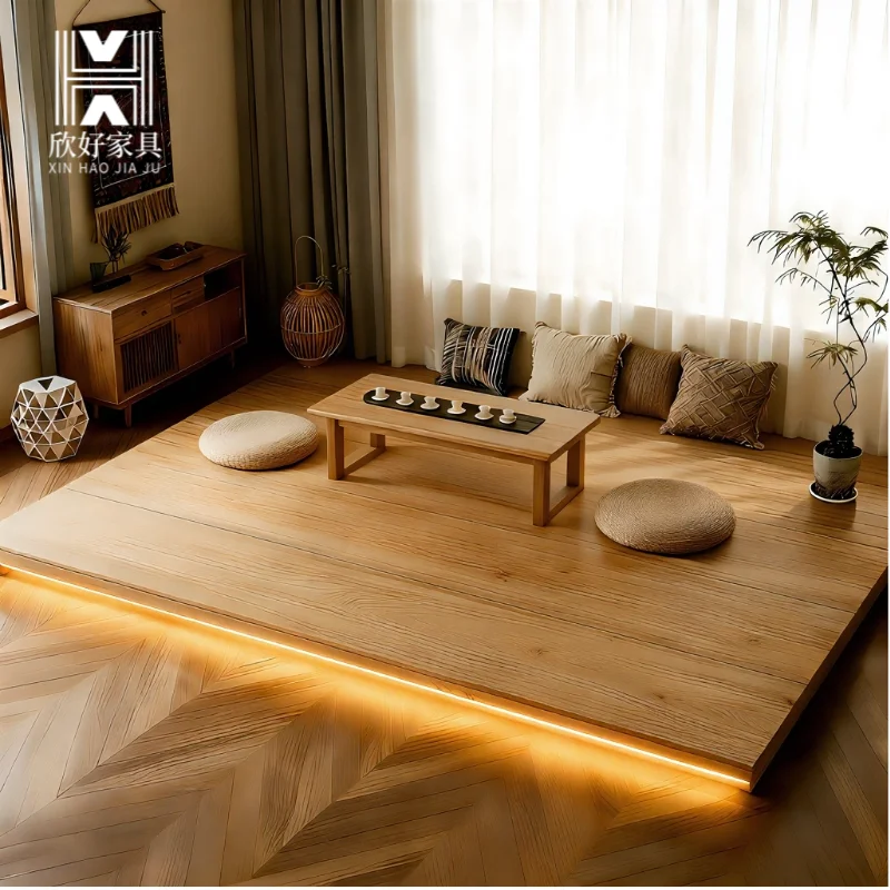 All solid wood tatami bed and breakfast floor bed living room bedroom balcony floor bed board wabi sandy wind custom light strip