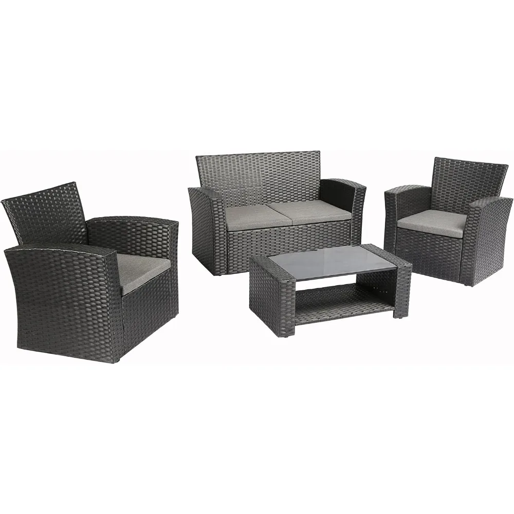 4 Pieces Outdoor Furniture Complete Patio Cushion Wicker P.E Rattan Garden Set, Full, Black