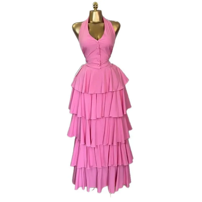 세 자매 신상 여름 패션 상큼하고 달콤한 여성 의류 넥 홀터 베스트 하이웨이스트 케이크 스커트 투피스 세트