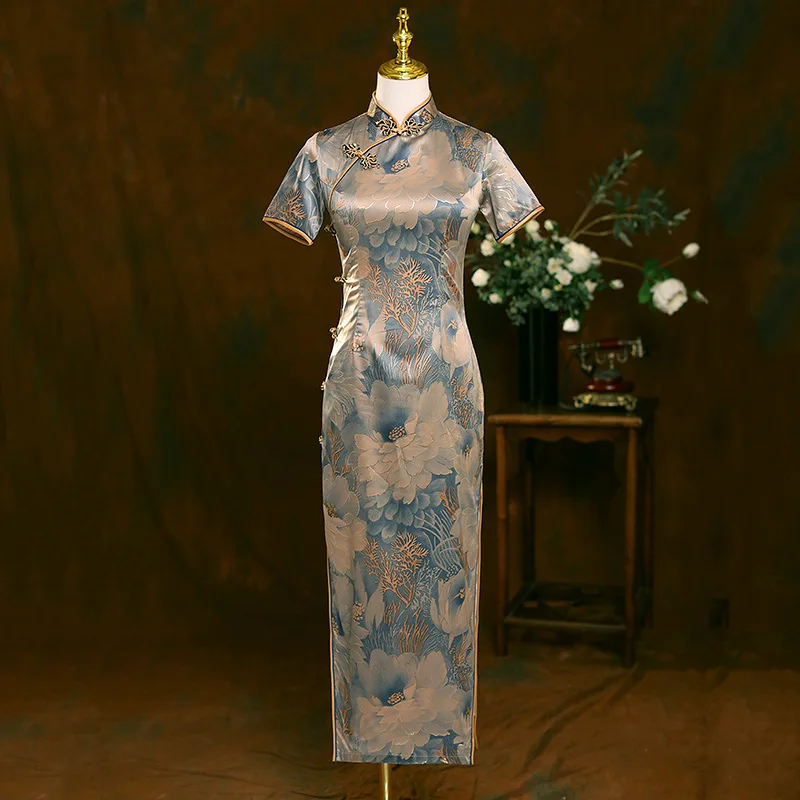 2022 di alta qualità moda migliorata seta Cheongsam stampa manica corta abito Vintage costumi donna Qipao moderno vestito Cheongsam