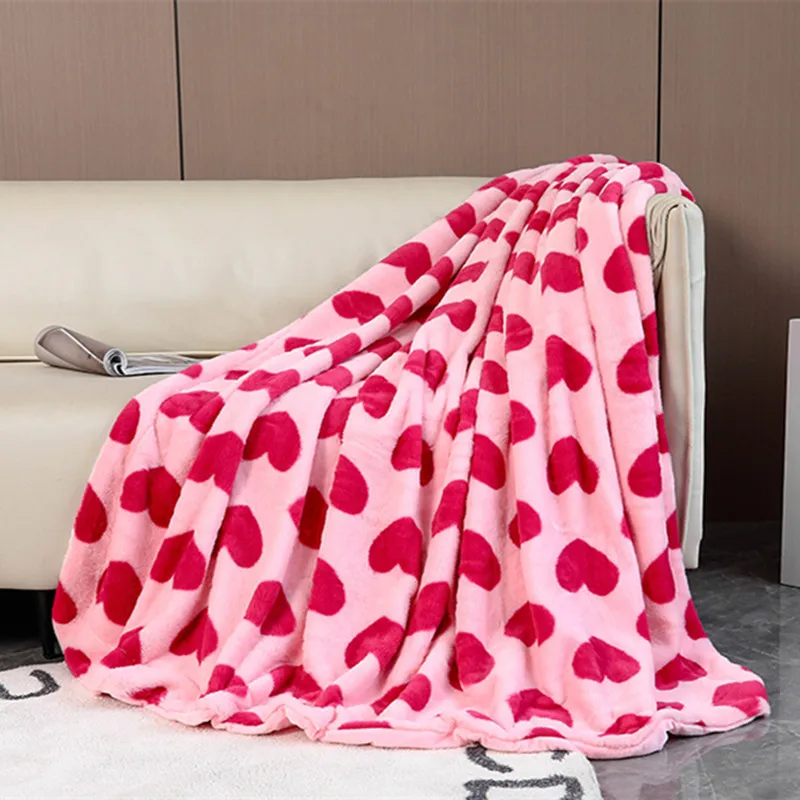 Pink Heart  Printed Soft Flannel Bedspread   Throw Blanket Fleece Mesh Portable Car Travel Cover Christmas New Year Gift