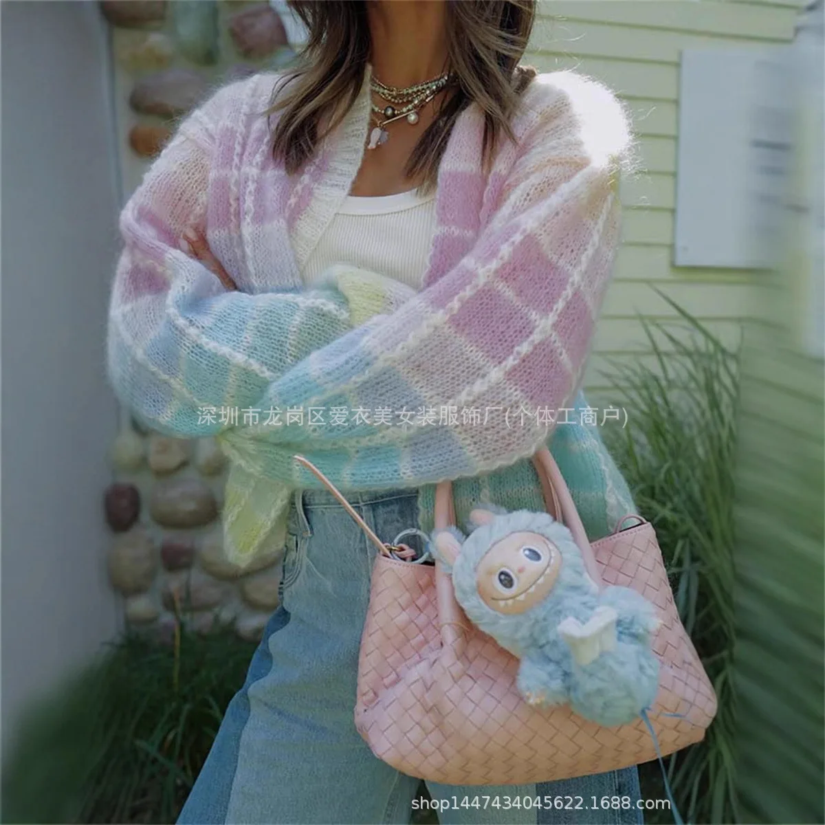 

2025 Autumn Winter New Rainbow Color V Neck Long Sleeve Loose Knit Cardigan Women Outerwear Sweater Multi Color Options