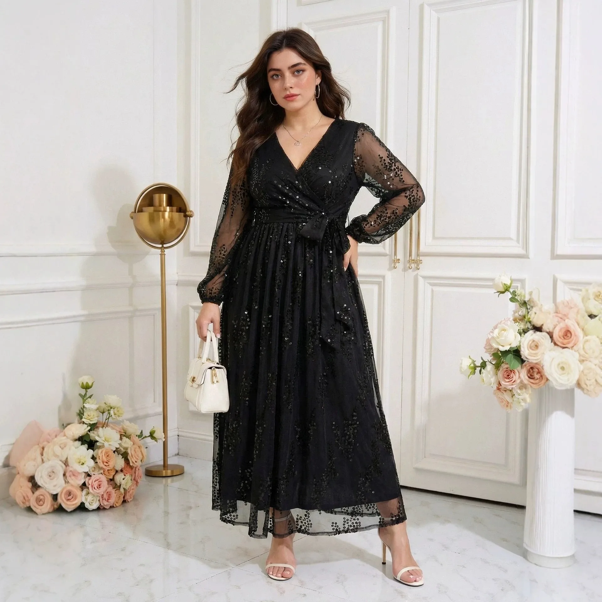 V Neck Long Sleeves Dress High Waist Elegant with Elegant Party Dresses Party Sequin Decoration Maxi Length Summer for Women