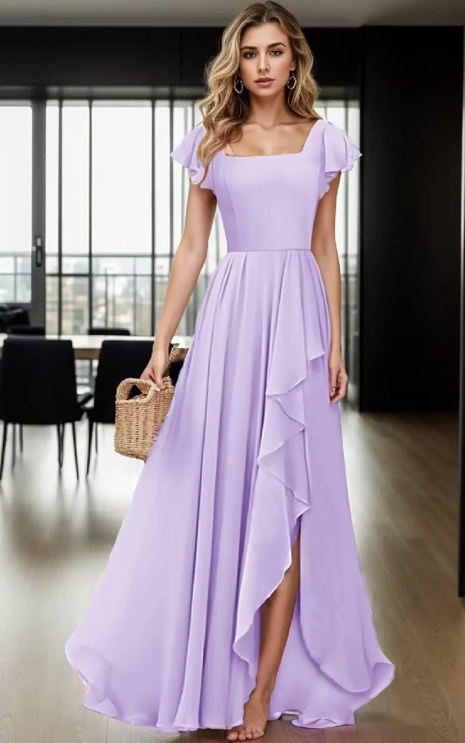 Square Neck Chiffon Bridesmaid Dress with Slit Ruffle Short Sleeve Long Formal Evening Gowns wedding Dress party prom summer