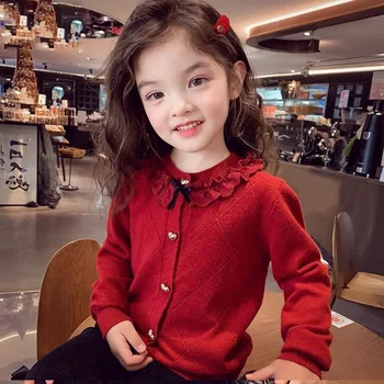 Girls' Knitted Cardigan Sweater 3 Girls' New Year's Sweater, New Autumn-Winter Fashionable Children's Wool Blend Little Girl's Chic Knitted Cardigan 3