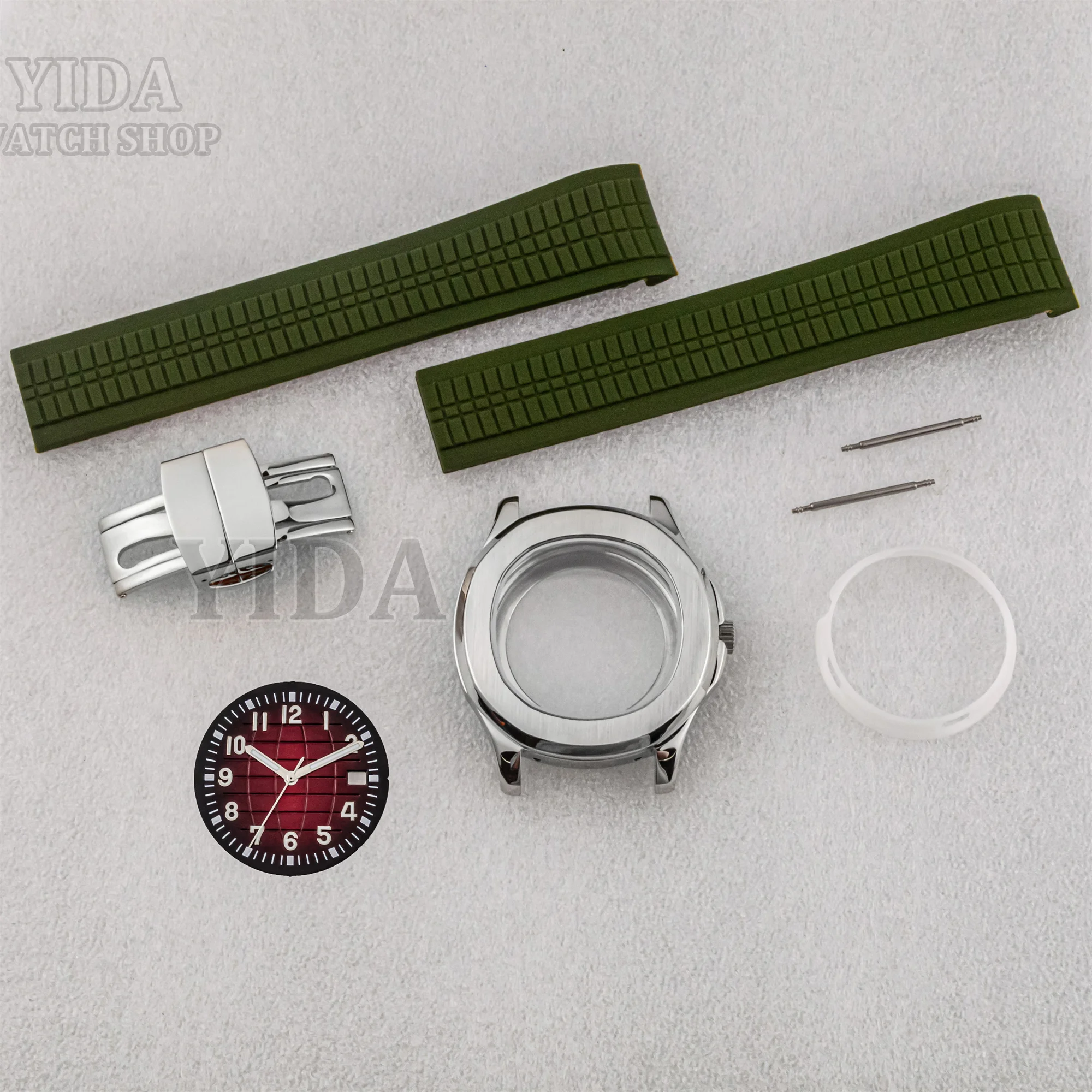 Stainless Steel Watch Case Rubber Band 32mm Green Luminous Dial Sapphire Glass For AQUANAUT Nautilus NH35 Movement Watch Parts