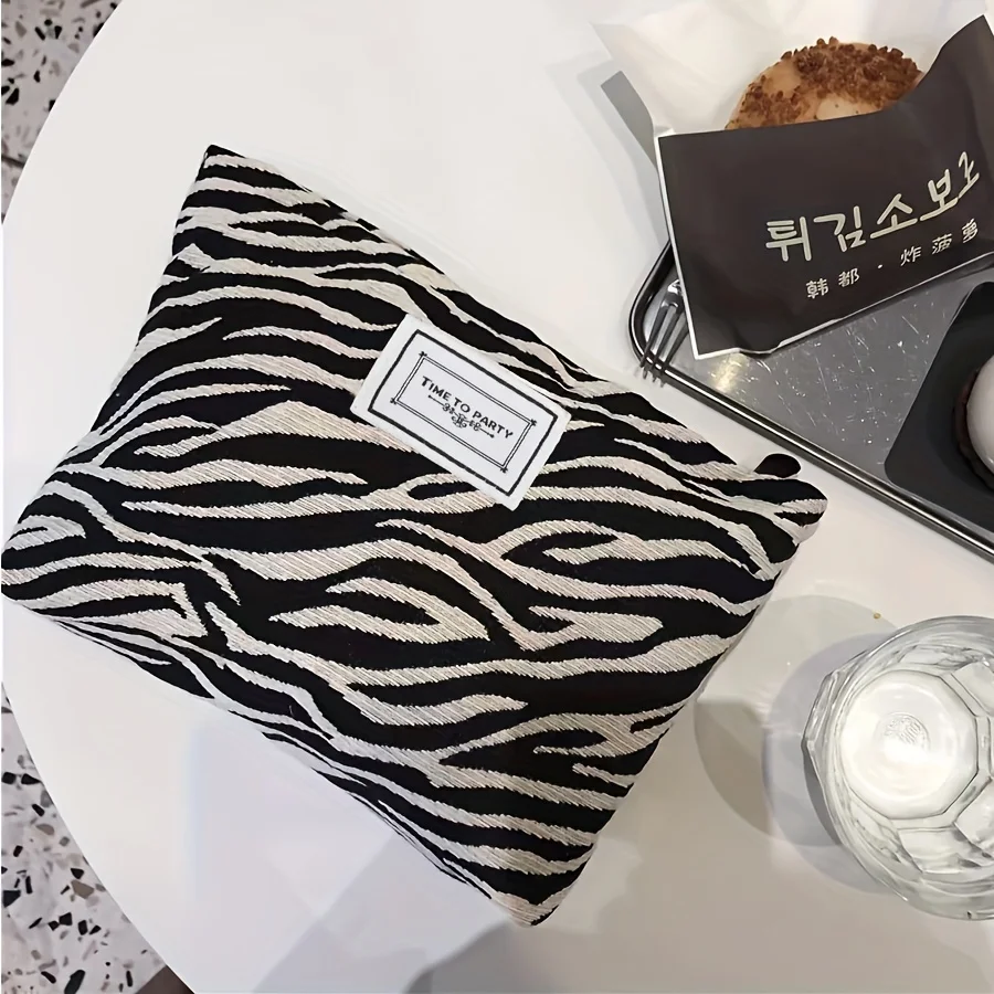 Fashion Zebra Striped Toiletry Bag, Large Capacity Portable Travel Cosmetic Bag with Time Party Label, Sturdy Storage for Trip &