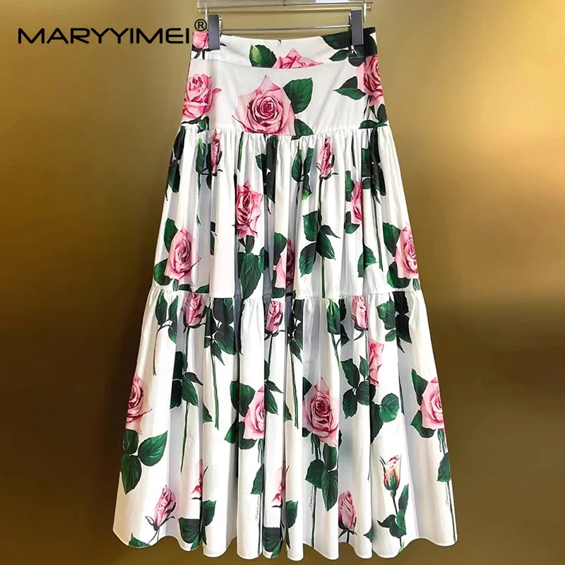 MARYYIMEI Floral-Print Pleated Splicing Fashion Suit For Women Sweetheart Neck Spaghetti Strap Tops+A-Line Big Swing 2-piece set image 6