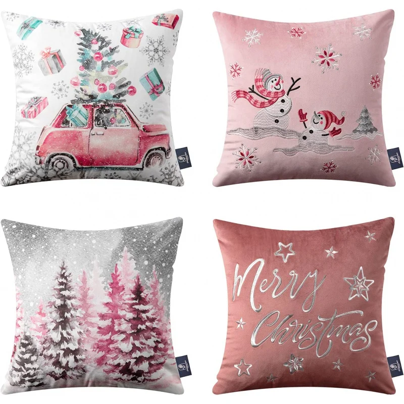 

Phantom Mirror Set of 4 Christmas Happy Decorative Printed Pillows Snowman Stars Snowflake Tree Leaning Pink