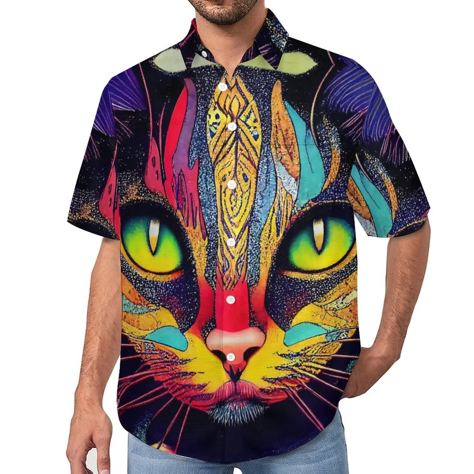 

Magic Cats Print Beach Shirt Vintage Animal Hawaii Casual Shirts Man Vintage Blouses Short Sleeve Graphic Tops Plus Size 4XL