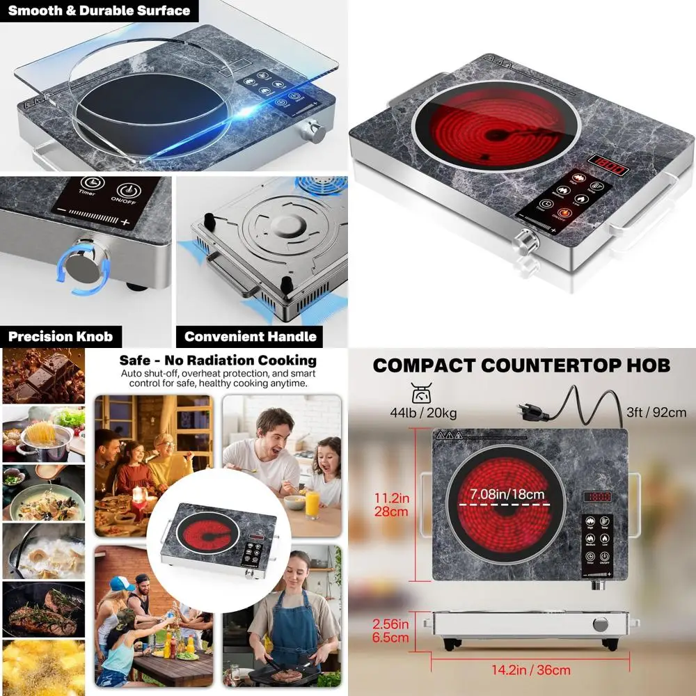 

Portable 1800W Single Burner Infrared Electric Cooktop, Adjustable Temp Compact Kitchen Hot Plate for Cooking & Camping