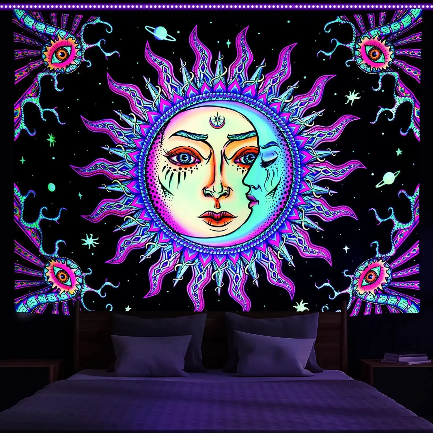 Tapiz floreciente de Mandala independiente con luz negra psicodélica, tapices reactivos UV de Buda, tapiz Hippie colgante de pared, decoración de habitación